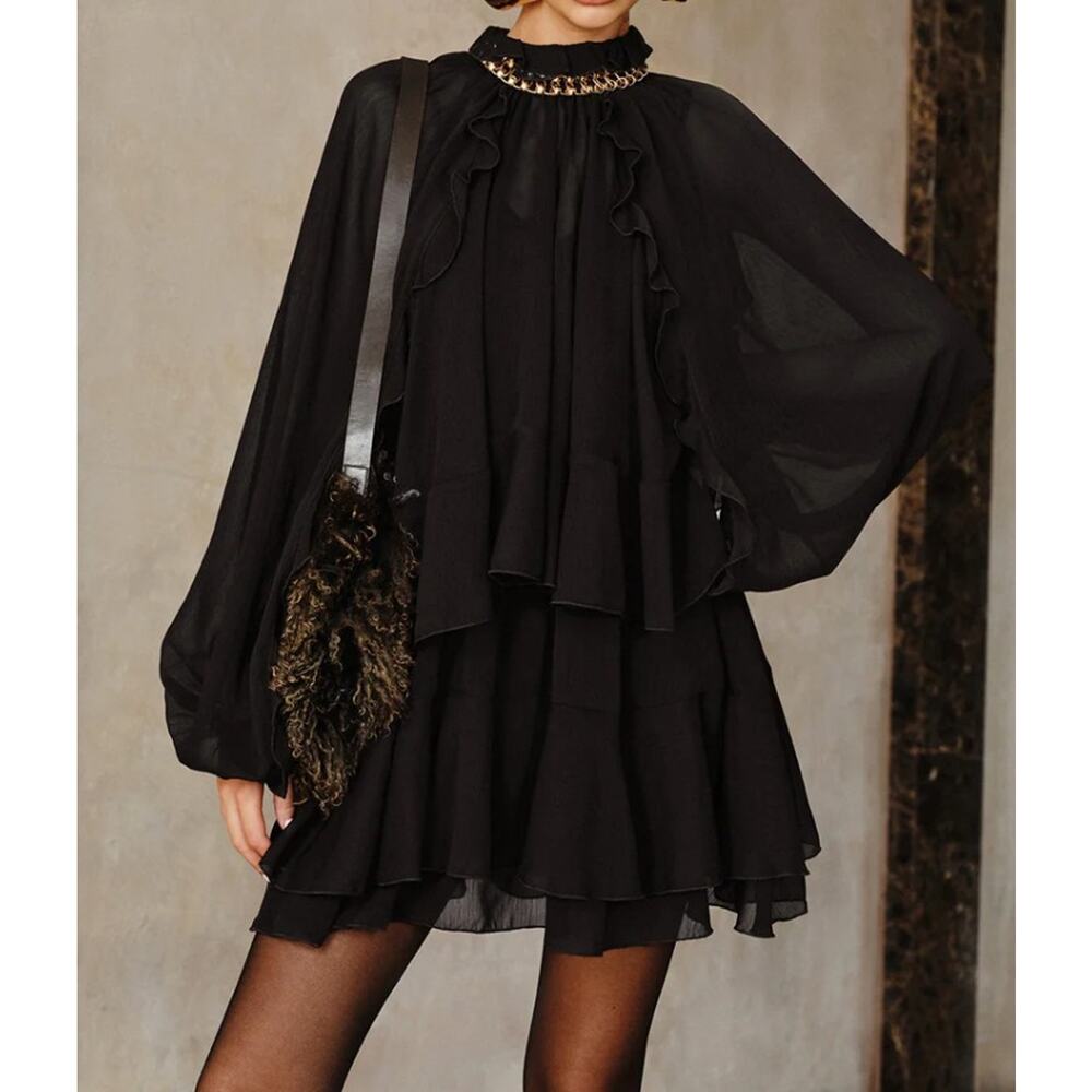 Commense Black Chiffon Ruffle Mini Dress Long Sleeve Cape Overlay – Size L - Picture 5 of 6